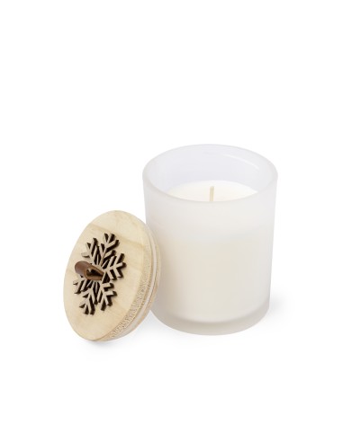Vela de cristal esmerilado con aroma vainilla y tapa de madera con motivo navideño