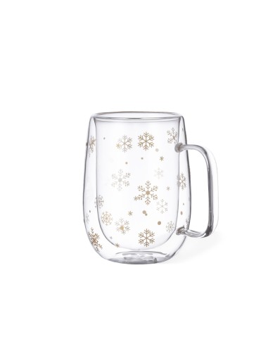 Taza de cristal de doble pared transparente con copos de nieve dorados