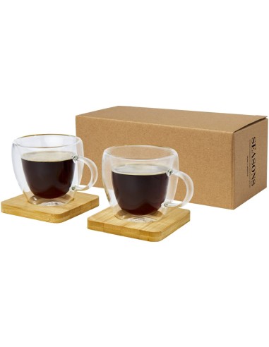 Dos tazas de vidrio de doble pared de 100 ml con posavasos de bambú Personalizado 6113314
