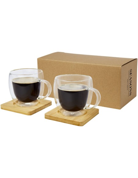 Dos tazas de vidrio de doble pared de 250 ml con posavasos de bambú Personalizado 6113315