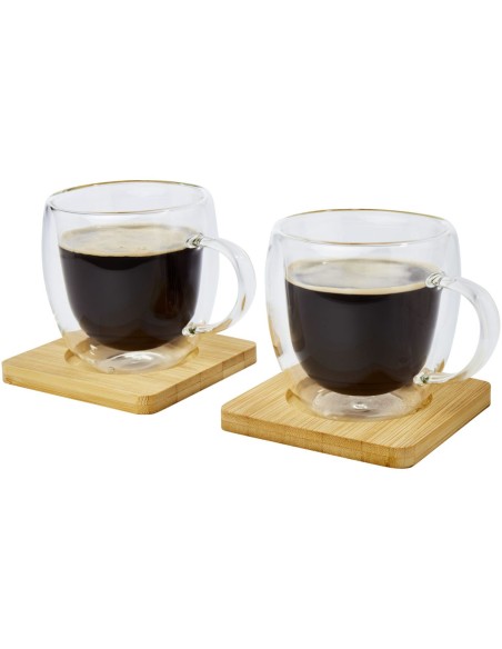 Dos tazas de vidrio de doble pared de 250 ml con posavasos de bambú Personalizado 6113315