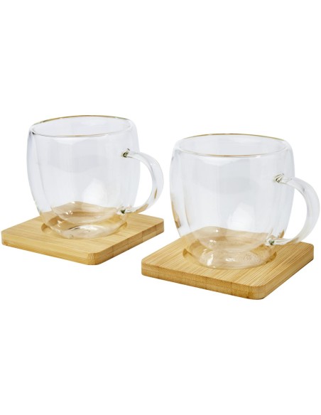 Dos tazas de vidrio de doble pared de 250 ml con posavasos de bambú Personalizado 6113315