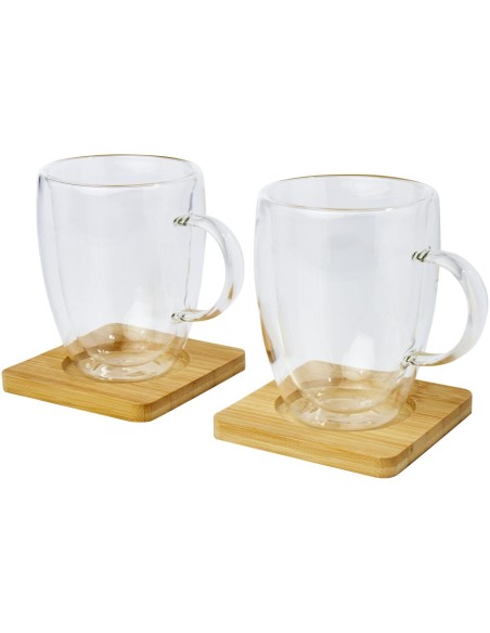 Dos tazas de vidrio de doble pared de 350 ml con posavasos de bambú Personalizado 6113316
