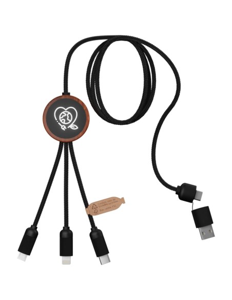 Cable de carga de 40 W 5 en 1 de PET reciclado con logo retroiluminado y estuche redondo de madera Personalizada 662PX071