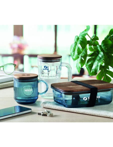 Taza de Cristal Acanalado con Tapa de Madera de Acacia FSC® | Goodie