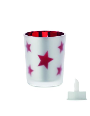 Vela LED sin llama en vaso de cristal con estampado de estrellas rojas