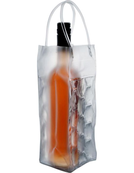 Bolsa isotérmica de PVC transparente personalizada, con una botella de vino en el interior