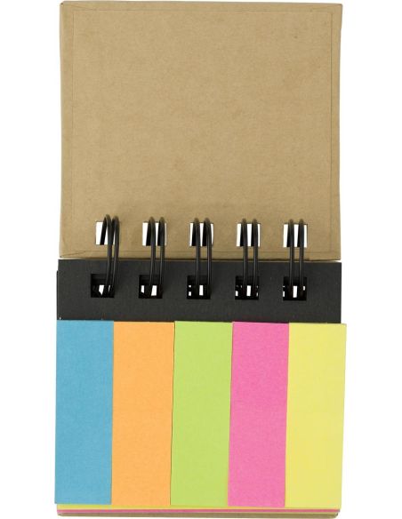 Bloc de notas de cartón con espiral y notas adhesivas personalizado, abierto mostrando las notas de colores