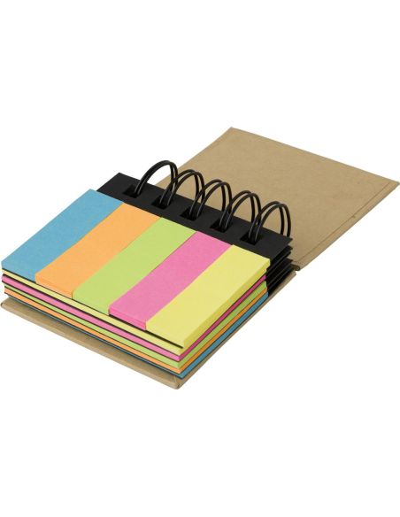 Bloc de notas de cartón con espiral y notas adhesivas personalizado, con el abanico de colores desplegado