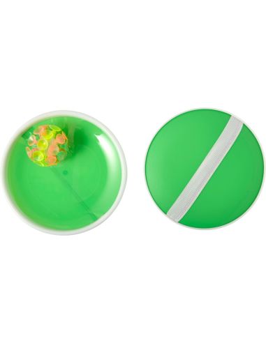 Set de palas de PP y pelota con ventosas personalizado en verde, con zona de impresión marcada en la pala