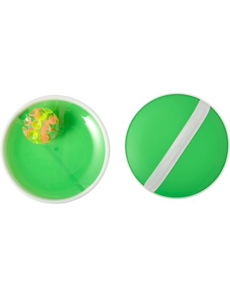 Set de palas de PP y pelota con ventosas personalizado en verde, con zona de impresión marcada en la pala