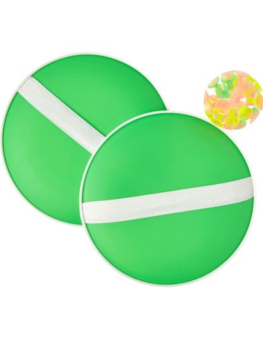 Set de palas de PP y pelota con ventosas personalizado en verde, las 2 palas juntas con la pelota