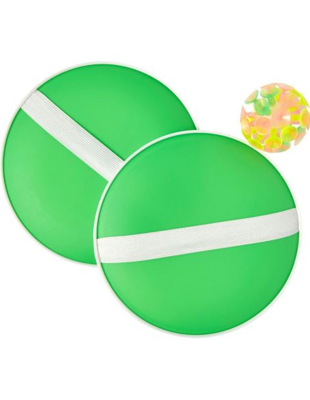 Set de palas de PP y pelota con ventosas personalizado en verde, las 2 palas juntas con la pelota
