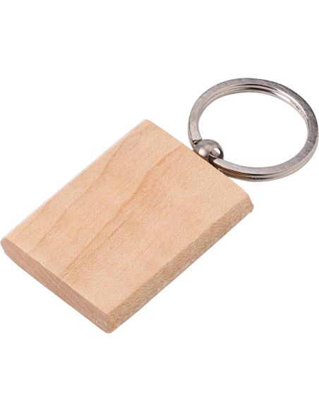 Llavero de madera de arce personalizado, en ángulo mostrando el grosor