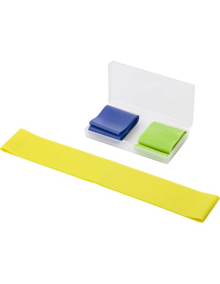 Set de 3 bandas elásticas de fitness personalizado, banda amarilla junto a la caja abierta