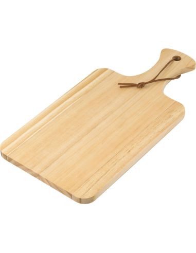 Tabla de madera de pino para cortar personalizada, en ángulo mostrando el grosor