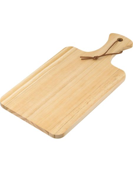 Tabla de madera de pino para cortar personalizada, en ángulo mostrando el grosor