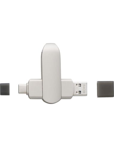 Memoria USB de 64GB de aleación de zinc personalizada en blanco, con los conectores USB-A y USB-C desplegados