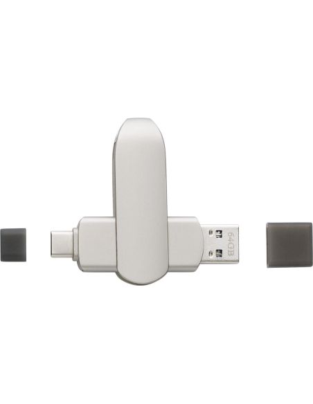Memoria USB de 64GB de aleación de zinc personalizada en blanco, con los conectores USB-A y USB-C desplegados
