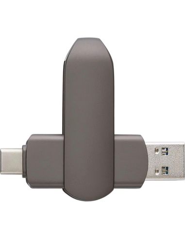 Memoria USB de 64GB de aleación de zinc personalizada en grafito mate, con los conectores USB-A y USB-C desplegados