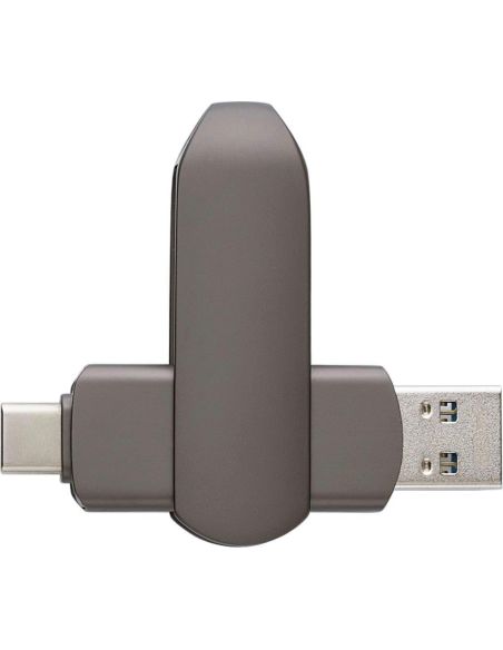Memoria USB de 64GB de aleación de zinc personalizada en grafito mate, con los conectores USB-A y USB-C desplegados
