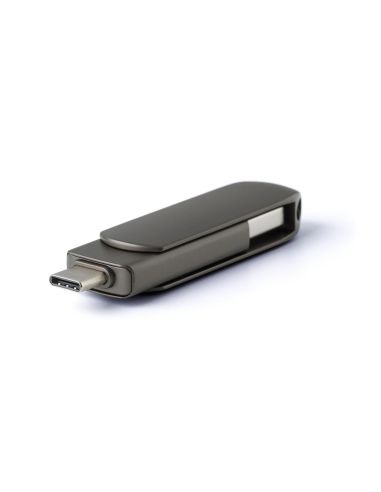 Memoria USB de 64GB de aleación de zinc personalizada en grafito mate, vista de perfil con el conector USB-A fuera