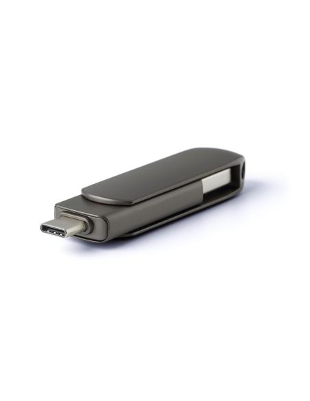 Memoria USB de 64GB de aleación de zinc personalizada en grafito mate, vista de perfil con el conector USB-A fuera