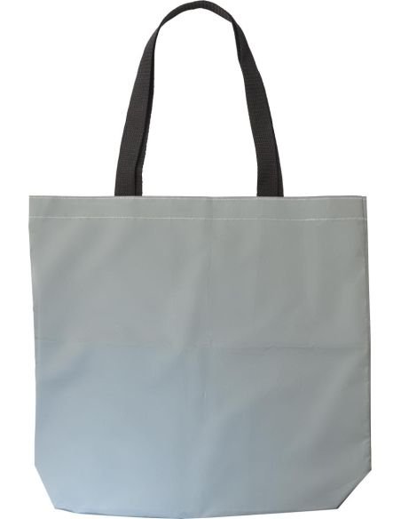 Bolsa reflectante de poliéster personalizada en gris con asas negras, vista frontal
