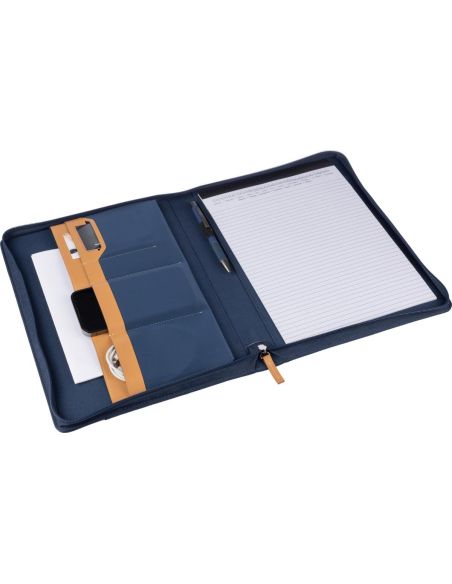 Portadocumentos de rPET personalizado en azul marino, abierto mostrando el cuaderno y los compartimentos