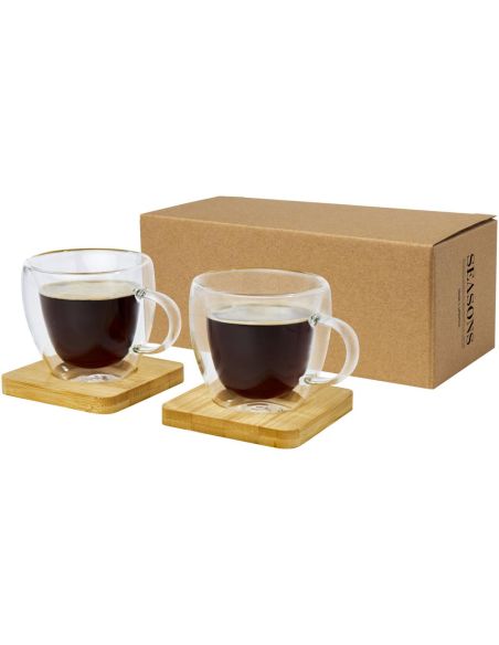 Dos tazas de vidrio de doble pared de 100 ml con posavasos de bambú \ Personalizada 6113314