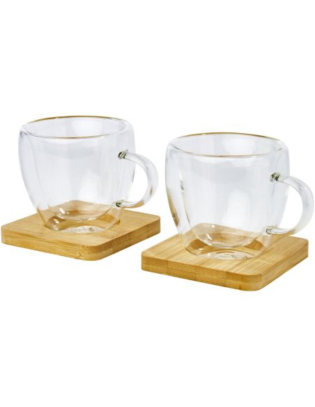 Dos tazas de vidrio de doble pared de 100 ml con posavasos de bambú \ Personalizada 6113314
