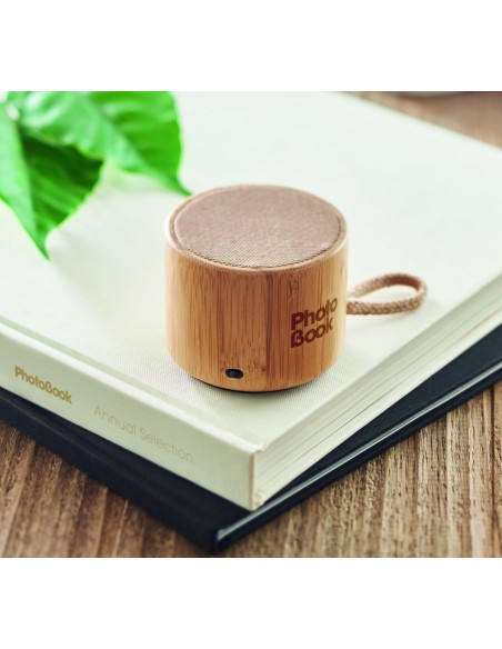 Altavoz inalámb. redondo bambú Personalizado 7MO6890