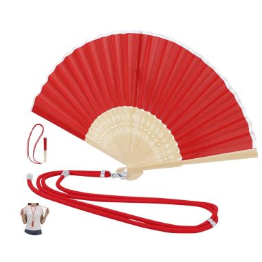 Abanico rojo de bambú con cordón para llevar colgado