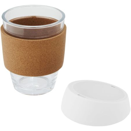 Vaso de vidrio borosilicato de 360 ml con agarre de corcho y tapa de silicona Personalizado 6100665