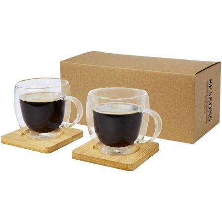 Dos tazas de vidrio de doble pared de 250 ml con posavasos de bambú Personalizada 6113315