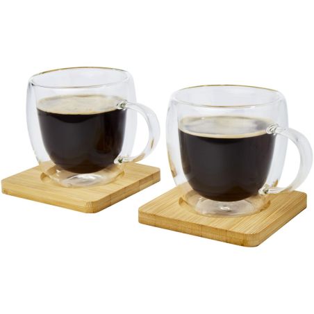 Dos tazas de vidrio de doble pared de 250 ml con posavasos de bambú Personalizada 6113315
