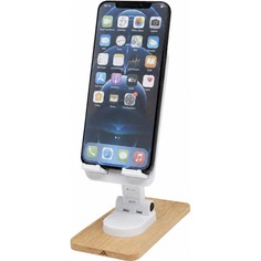 Soporte de sobremesa plegable de plástico reciclado con detalles de bambú para móvil y tablet personalizado