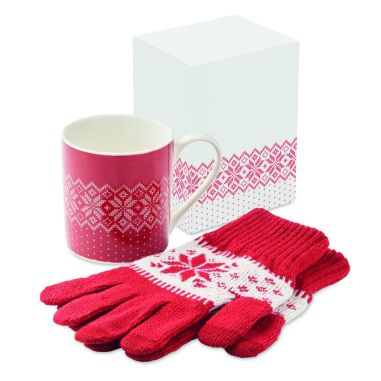 Set de regalo con taza rosa y guantes a juego con motivo navideño