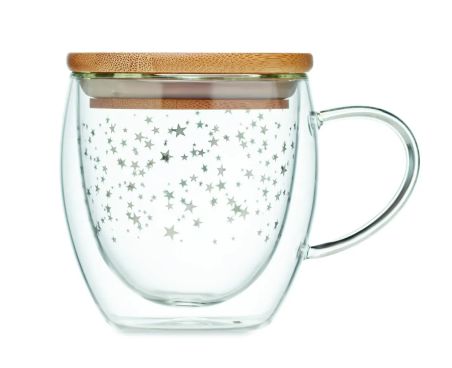 Taza de Borosilicato de Doble Pared con Tapa de Bambú Personalizada