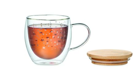 Taza de Borosilicato de Doble Pared con Tapa de Bambú Personalizada