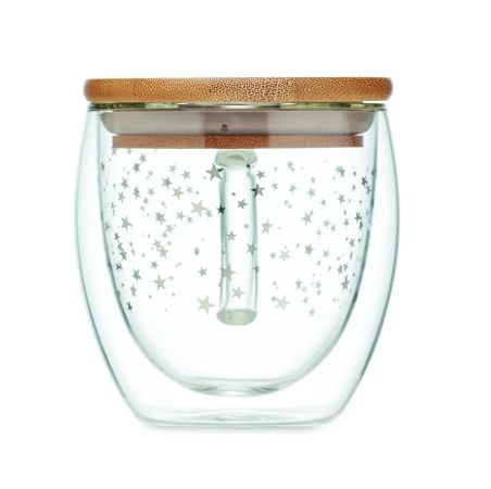 Taza de Borosilicato de Doble Pared con Tapa de Bambú Personalizada