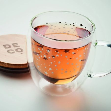 Taza de Borosilicato de Doble Pared con Tapa de Bambú Personalizada