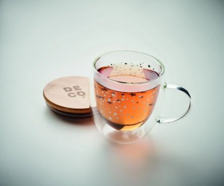 Taza de Borosilicato de Doble Pared con Tapa de Bambú Personalizada