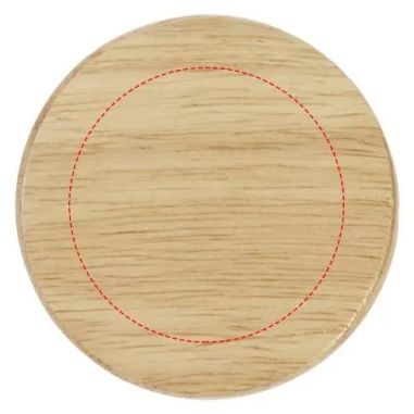Posavasos de madera con abrebotellas personalizado, con zona de grabado circular marcada, otra medida