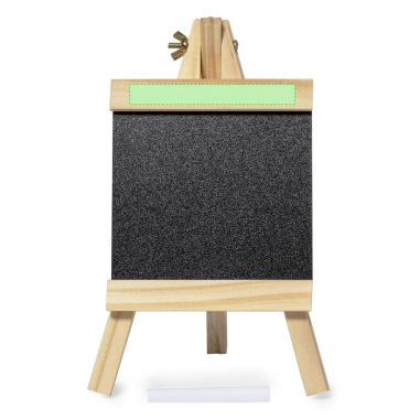 Pizarra de madera en formato atril personalizada con logo en verde en la parte superior