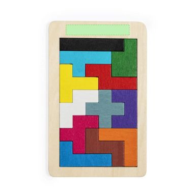 Juego de 12 piezas poligonales de madera personalizado con logo en verde, vista final