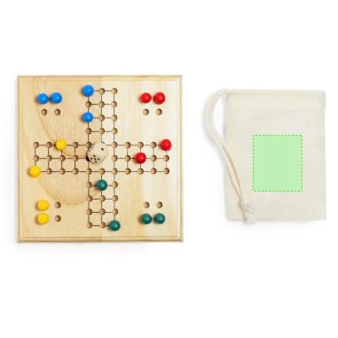 Parchís de madera para 4 jugadores personalizado con logo en verde en la bolsa