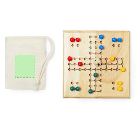 Parchís de madera para 4 jugadores personalizado con logo en verde en el tablero superior