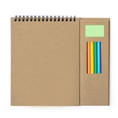 Set de lápices y bloc de cartón reciclado personalizado con logo en verde superior, otra variante