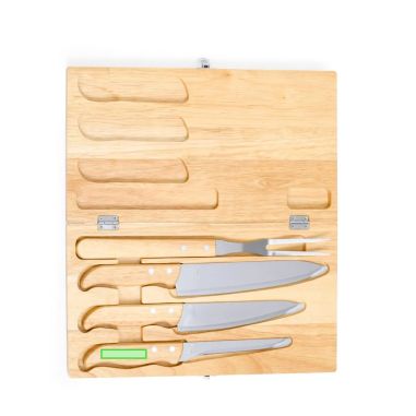Set de 4 cuchillos de cocina en estuche de madera personalizado, zona de impresión marcada junto a un cuchillo